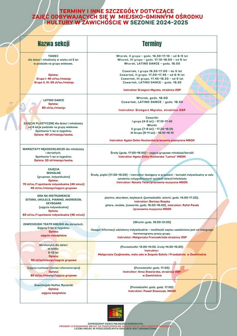 Terminy i inne szczegóły dotyczące  Zajęć odbywających się w  Miejsko-Gminnym Ośrodku Kultury w Zawichoście w Sezonie 2024-2025